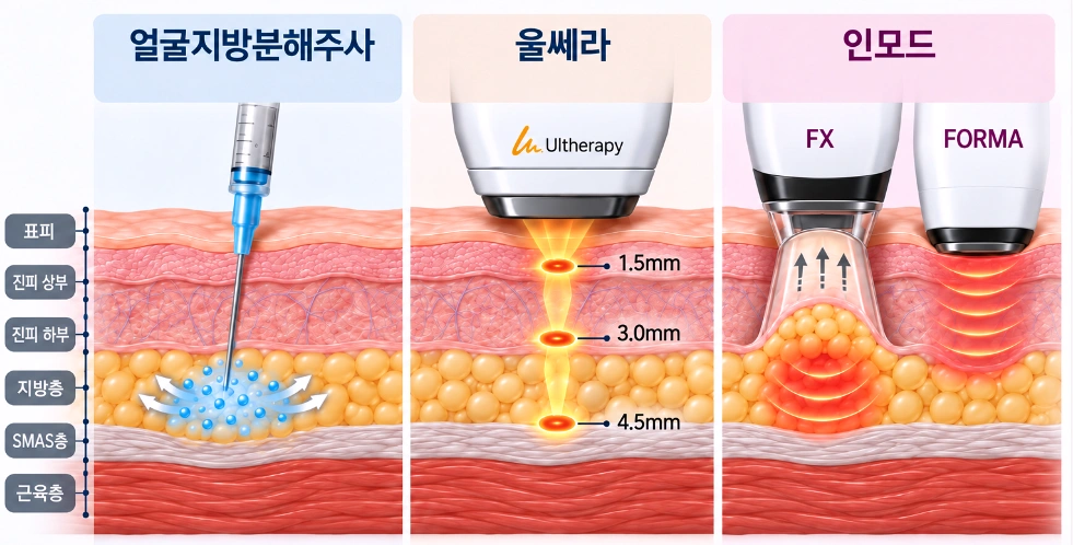 얼굴지방분해주사·울쎄라·인모드의 피부 작용층 차이