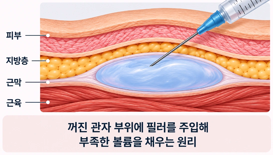 관자 부위의 피부·지방층·근막·근육 구조와 필러를 통한 볼륨 보충 원리를 나타낸 피부 단면도