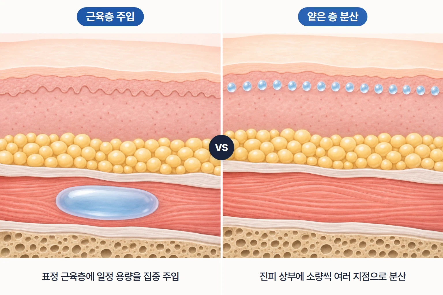 근육층 집중 주입과 얕은 층 분산 주입의 깊이 차이를 동일 배율로 비교한 피부 단면도