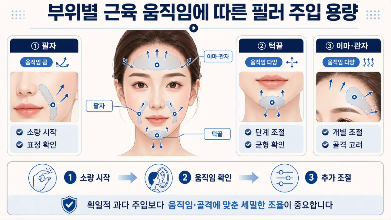 안면 표정근 움직임과 골격에 맞춘 부위별 필러 주입 용량 조율 가이드