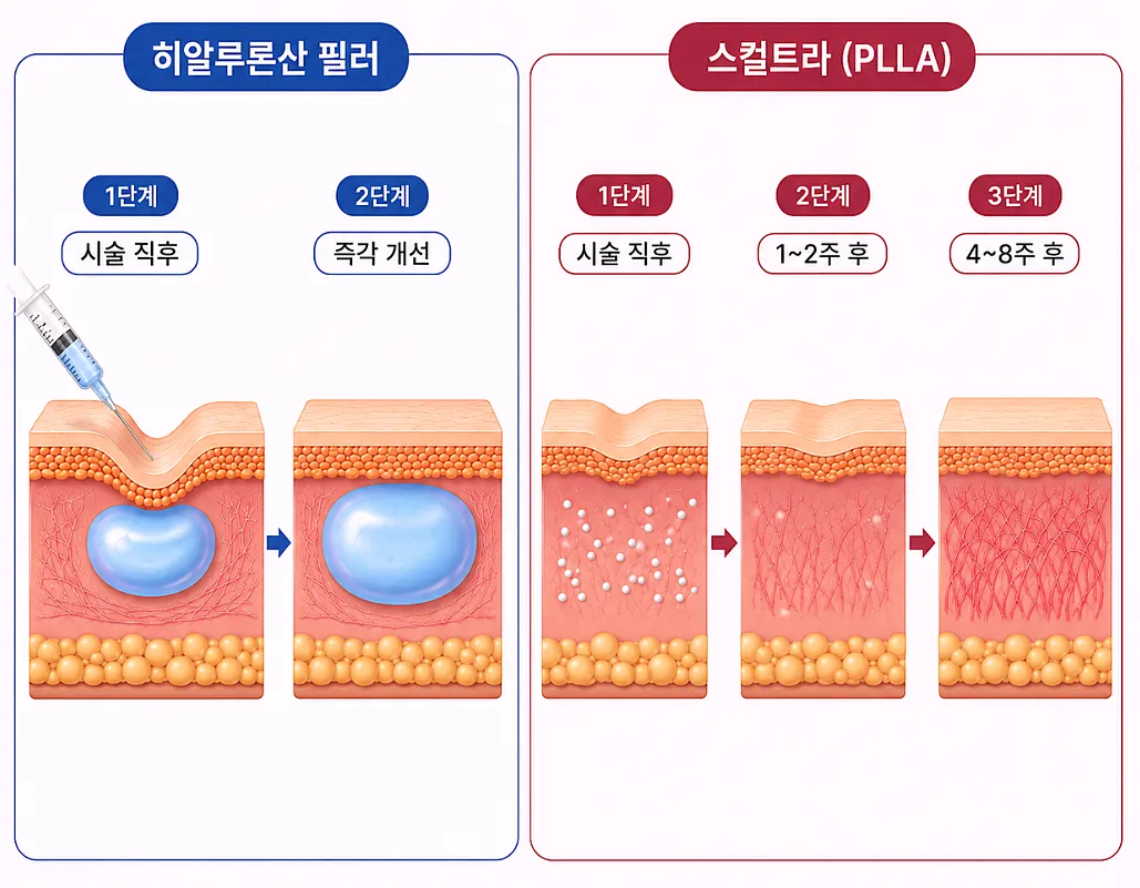 필러와 스컬트라 차이 - 즉시 채우는 방식과 콜라겐 생성 방식