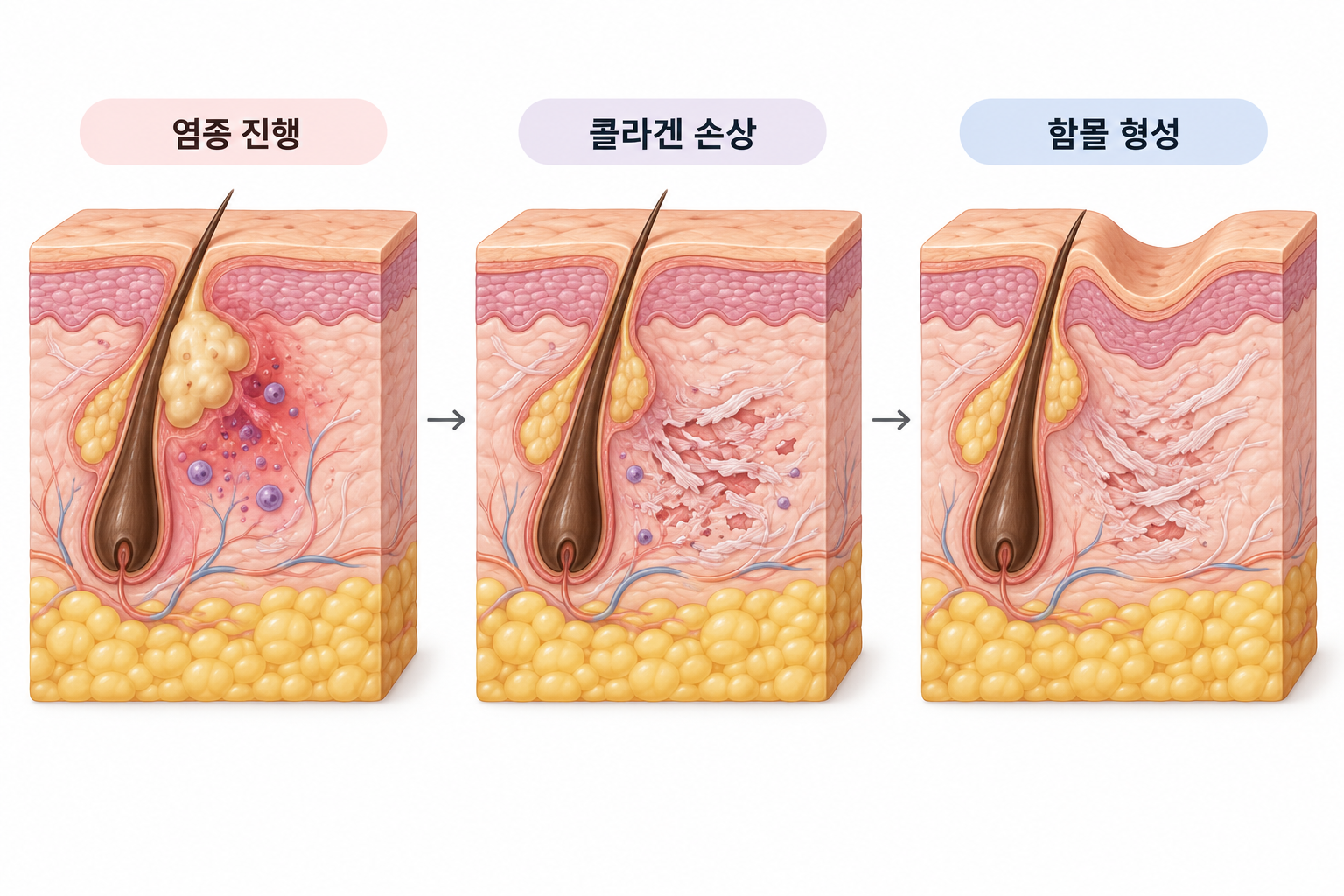 여드름 염증이 진피 콜라겐을 손상시켜 패인 흉터가 형성되는 과정