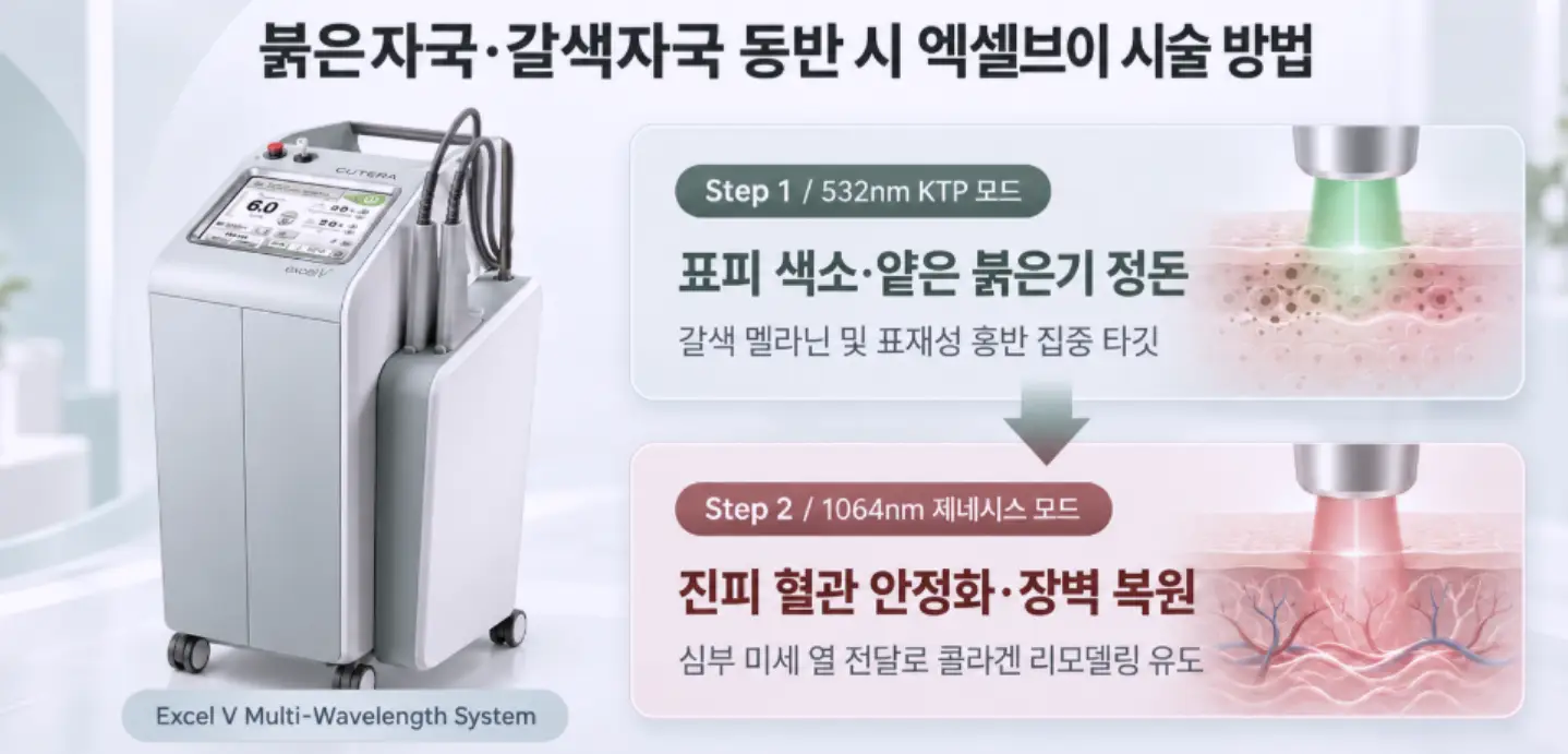 붉은 자국과 갈색 색소침착 동반 시 엑셀브이 레이저 2단계 복합 시술 방법을 보여주는 인포그래픽