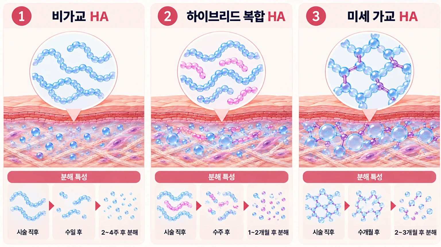 히알루론산 스킨부스터 비가교 하이브리드 복합 미세 가교 HA 분자 구조와 분해 특성 차이를 비교한 인포그래픽