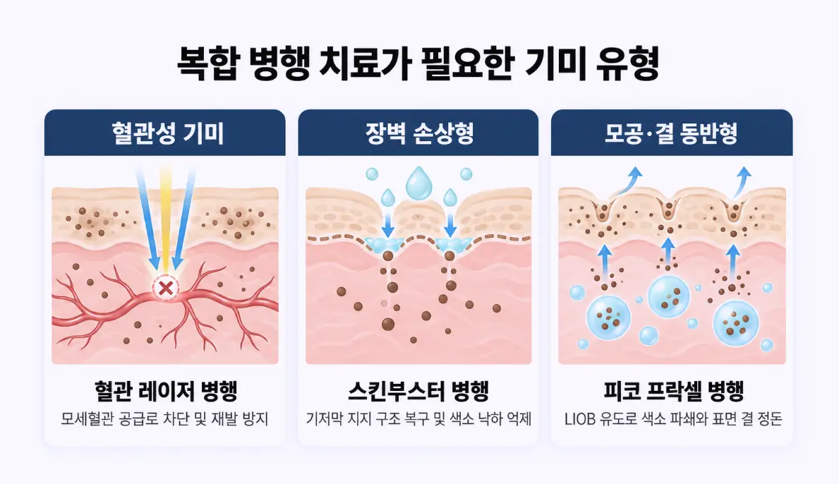 혈관 레이저를 병행하는 혈관성 기미, 스킨부스터로 기저막을 복구하는 장벽 손상형 기미, 피코 프락셀을 조합하는 모공 결 동반형 기미 치료 모식도