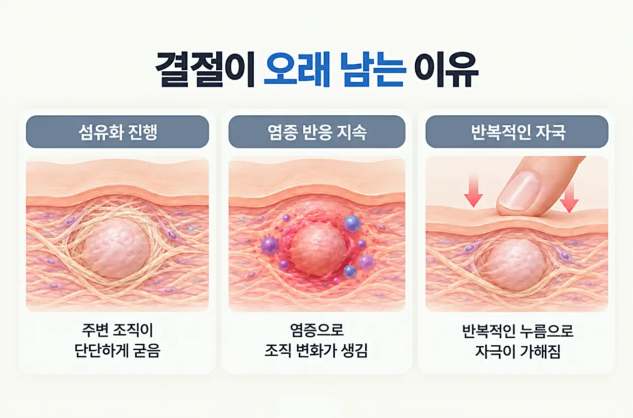 쥬베룩 볼륨 결절이 오래 남는 이유인 섬유화 진행, 지속적인 염증 반응, 반복적인 물리적 자극을 피부 조직 단면으로 비교한 인포그래픽