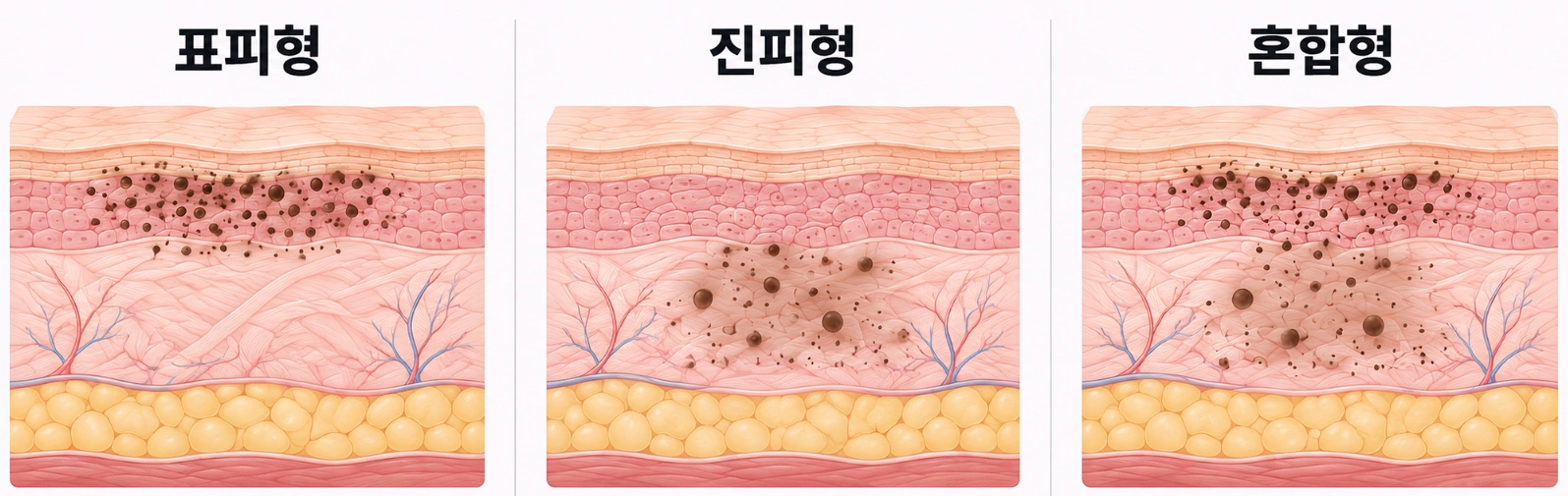 표피형·진피형·혼합형 기미의 멜라닌 색소 분포 깊이 차이를 비교한 피부 단면도
