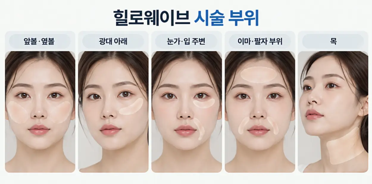 힐로웨이브 스킨부스터 시술 부위별 안내 이미지, 앞볼·옆볼, 광대 아래, 눈가·입 주변, 이마·팔자 부위 및 목 비교