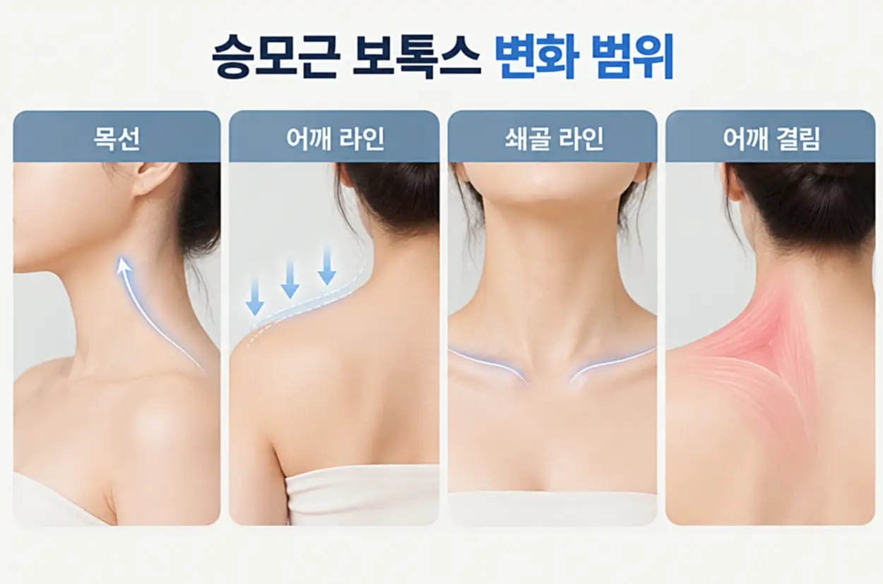 승모근 보톡스 전후 변화 범위를 목선, 어깨 라인, 쇄골 라인, 어깨 결림으로 구분해 설명한 인포그래픽