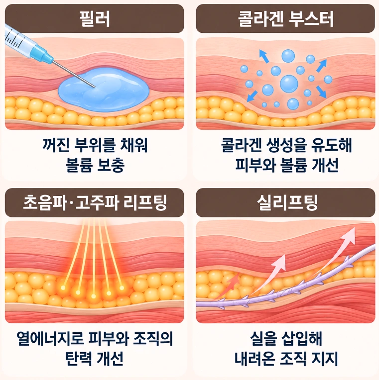 필러와 콜라겐 부스터, 초음파·고주파 리프팅, 실리프팅의 작용 원리와 차이를 비교한 4분할 피부 단면도 인포그래픽