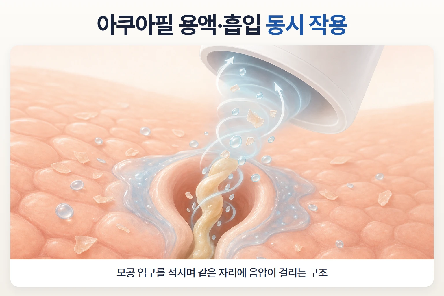 솔루션이 모공 입구를 적시고 음압이 피지 마개를 끌어올리는 아쿠아필 원리 일러스트