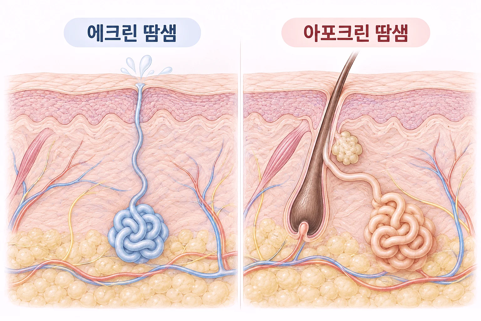 에크린 땀샘과 아포크린 땀샘 구조 비교 - 땀과 냄새의 차이