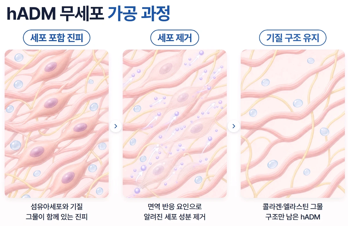 인체 유래 진피 조직에서 세포 성분을 제거하고 콜라겐과 엘라스틴 등 세포외기질 구조를 남기는 hADM 가공 과정을 단계별로 표현한 개념도