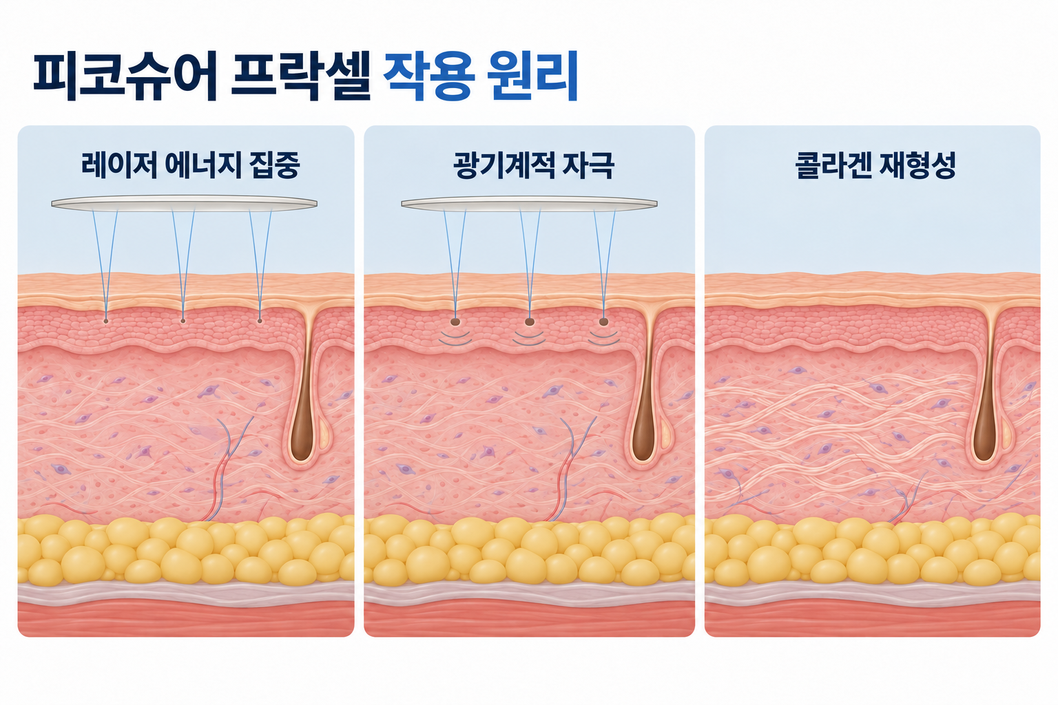 피코슈어 프락셀의 레이저 에너지 집중과 광기계적 자극, 콜라겐 재형성 원리를 나타낸 피부 단면도