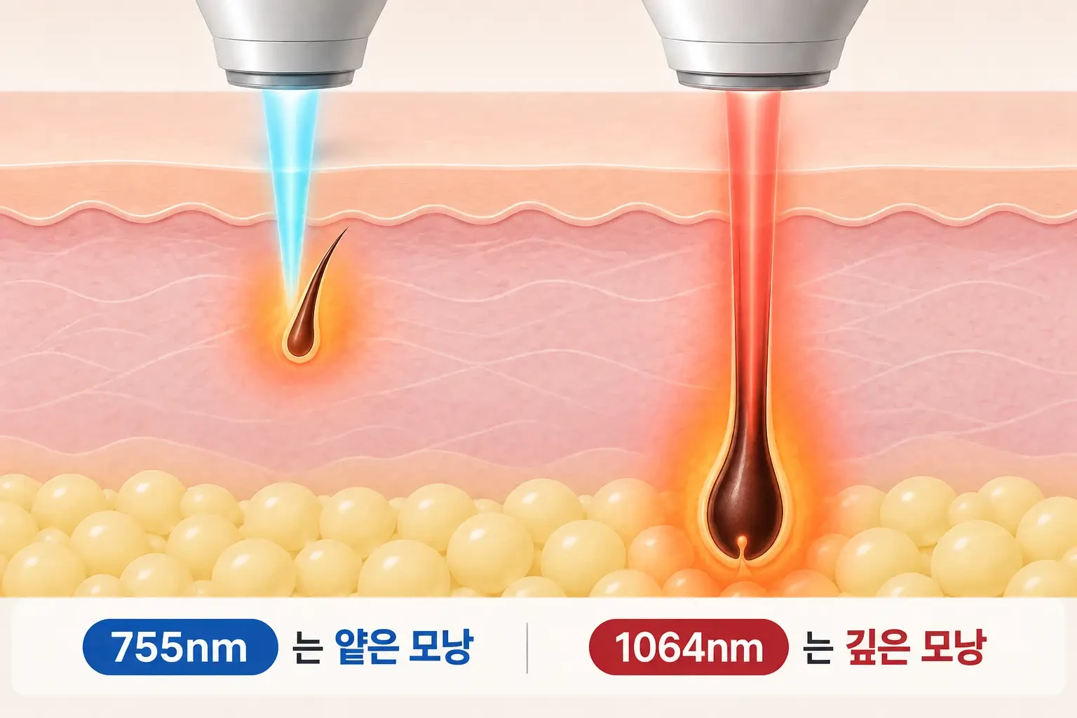 755nm와 1064nm 파장이 얕은 모낭과 깊은 수염 모낭에 닿는 차이를 그린 단면 일러스트