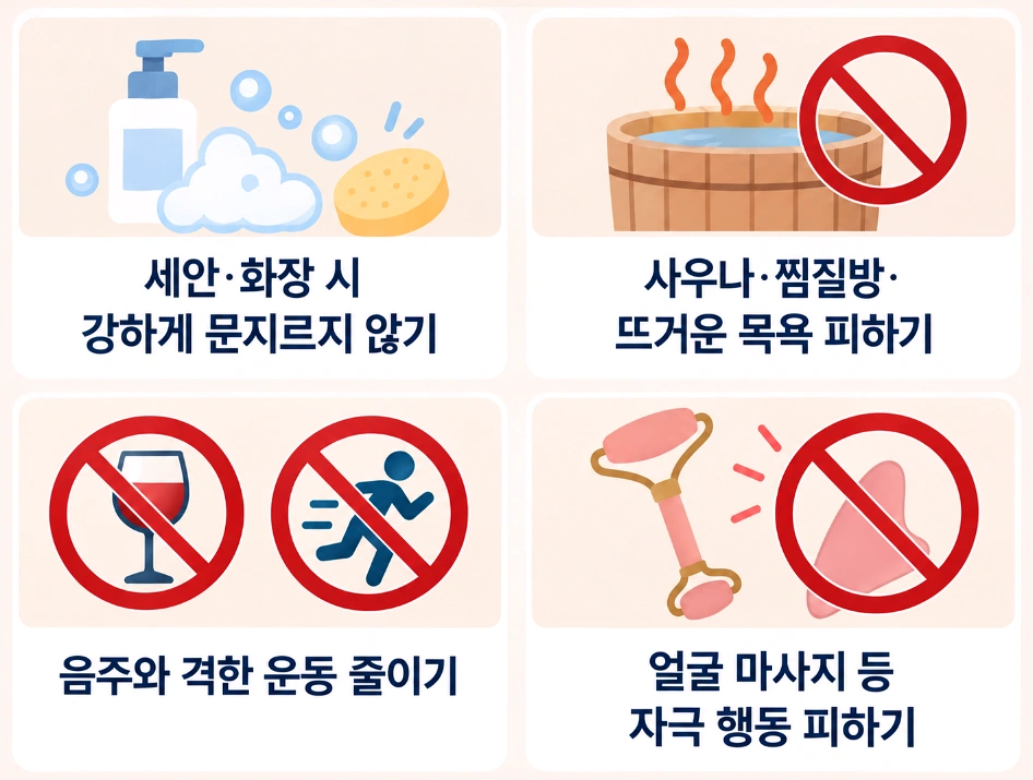 땅콩형 얼굴 시술 후 세안·화장, 사우나·찜질방, 음주·운동, 얼굴 마사지 관련 주의사항을 정리한 4분할 인포그래픽