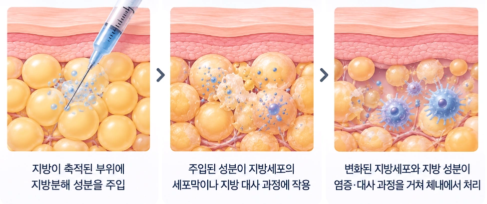 지방세포에 변화를 유도한 뒤 체내 처리 과정을 거치는 얼굴지방분해주사 원리