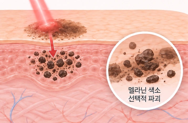 검버섯의 멜라닌 색소를 선택적으로 파괴하는 루비레이저 원리