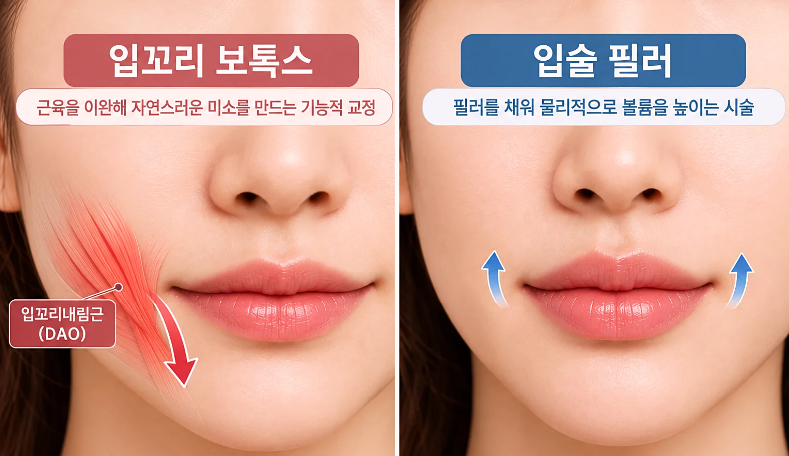 입꼬리보톡스의 근육 작용 조절과 필러의 볼륨 보완을 비교한 도식