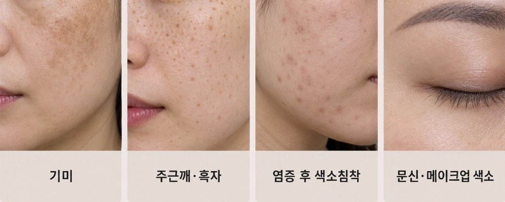 기미·주근깨·흑자·염증 후 색소침착·문신 및 메이크업 색소 등 색소 유형을 비교한 이미지