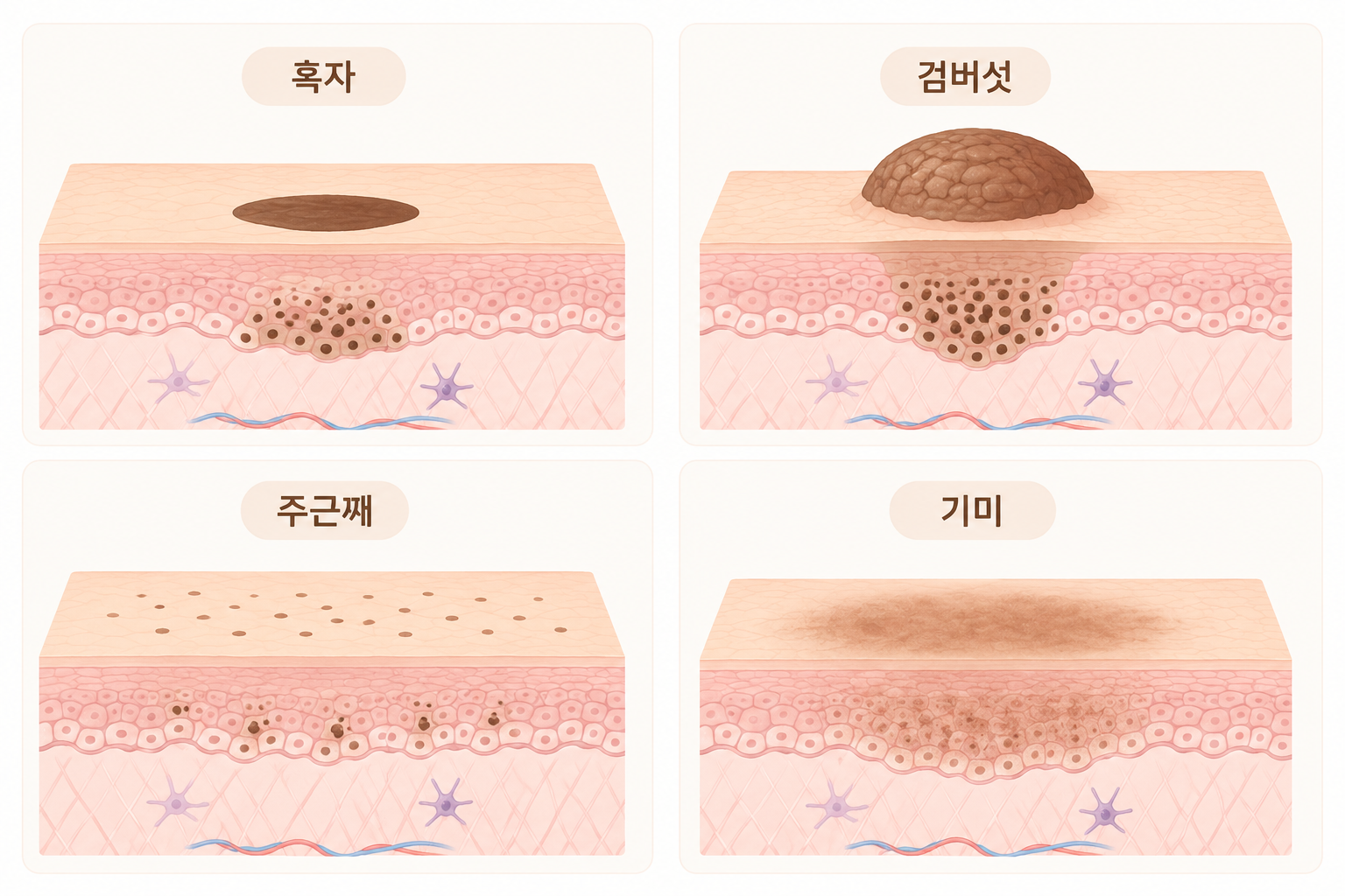 흑자, 검버섯, 주근깨, 기미를 각각 피부 단면 일러스트로 비교한 색소 병변