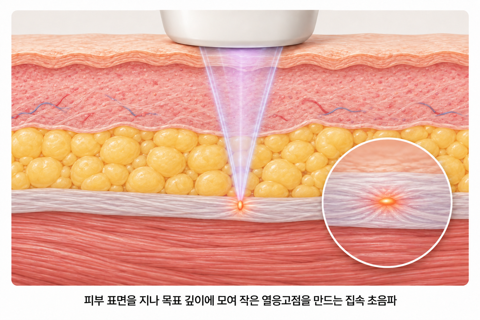 울쎄라 집속초음파가 피부 아래 목표 깊이에 형성하는 작은 열응고점