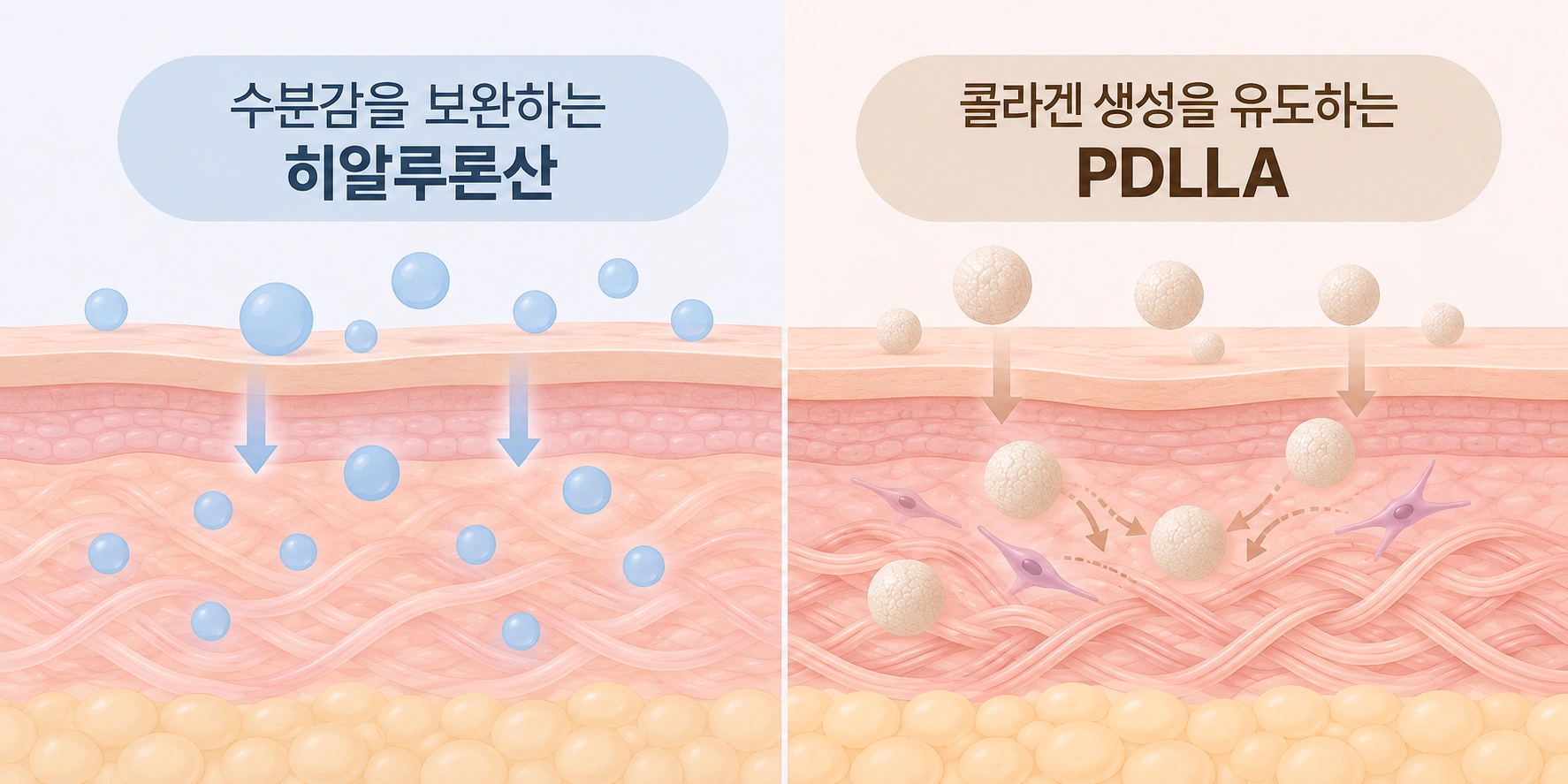 쥬베룩 스킨의 히알루론산은 수분감을 보완하고 PDLLA는 콜라겐 생성을 유도하는 성분별 역할을 비교한 피부 단면 인포그래픽
