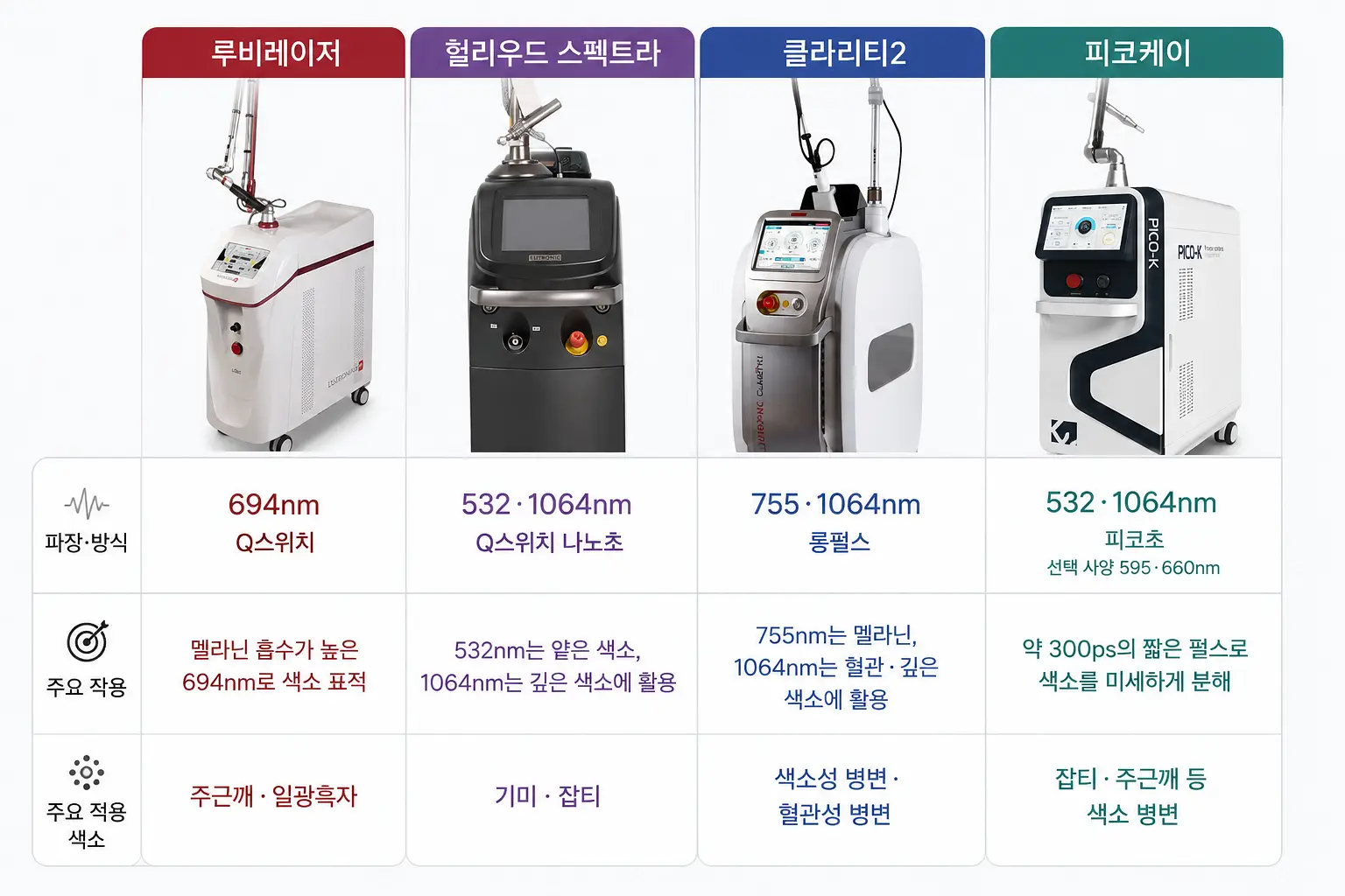 루비레이저·헐리우드 스펙트라·클라리티2·피코케이 색소 레이저 특징 비교