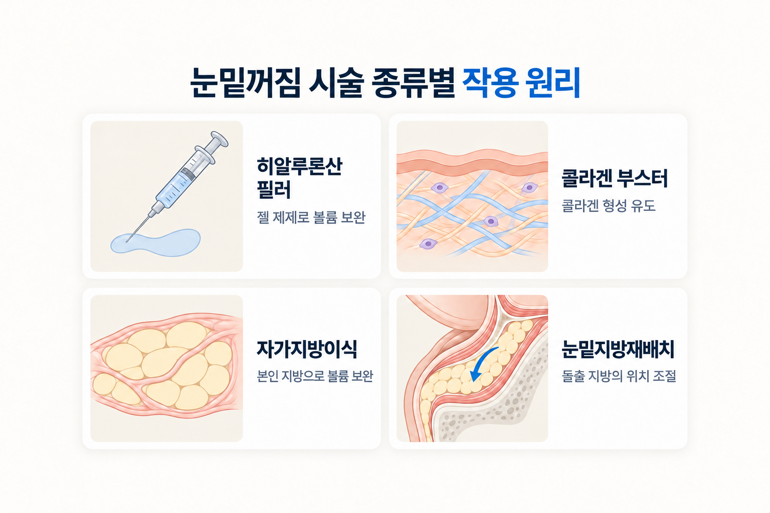 눈밑꺼짐 시술에 사용되는 히알루론산 필러, 콜라겐 부스터, 자가지방이식, 눈밑지방재배치의 작용 원리를 비교한 이미지