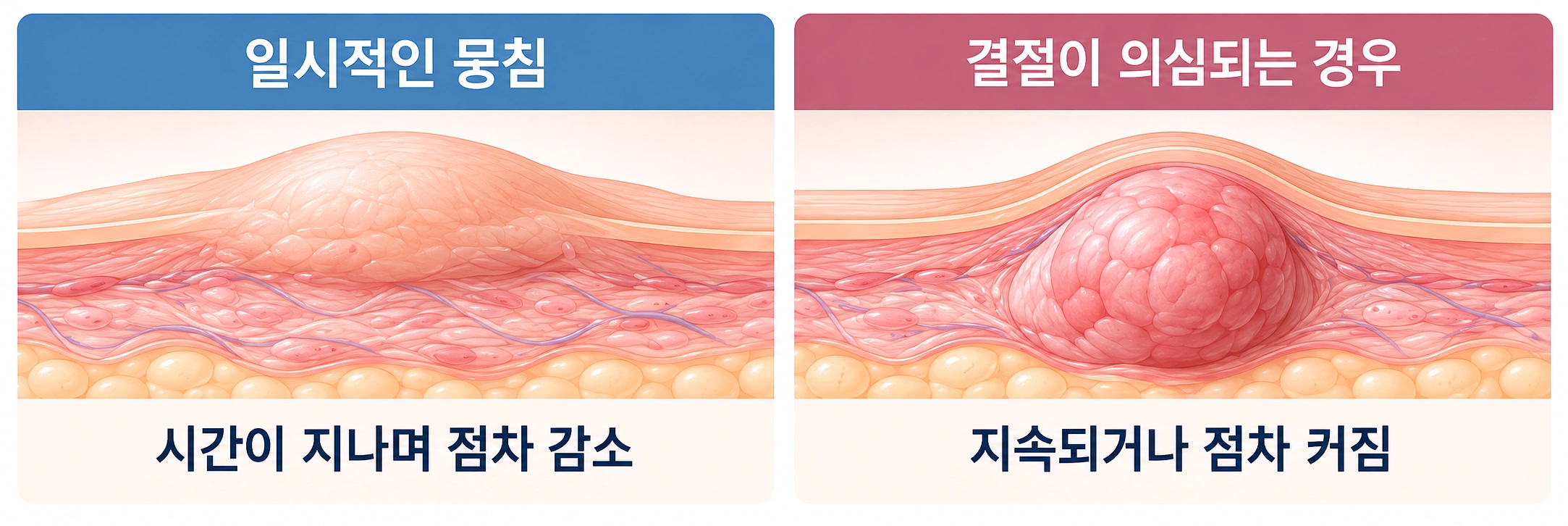 쥬베룩 시술 후 시간이 지나면서 감소하는 일시적인 뭉침과 지속되거나 커지는 결절을 비교한 피부 단면도