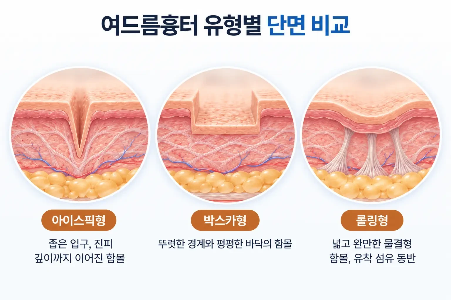 아이스픽형, 박스카형, 롤링형 여드름흉터의 깊이와 함몰 모양을 나란히 비교한 피부 단면도