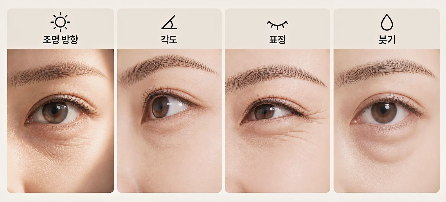 조명 각도 표정 붓기에 따라 눈가가 달라 보이는 조건 비교