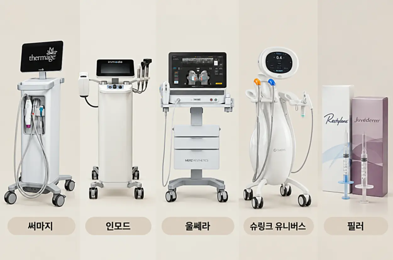 올리지오 효과없음 시 고려할 수 있는 대안 시술인 써마지, 인모드, 울쎄라, 슈링크 유니버스, 필러의 장비와 제품을 비교한 이미지