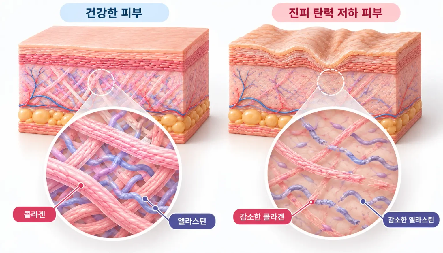 콜라겐과 엘라스틴 섬유의 감소 및 손상에 따른 피부 지지력 약화와 주름 형성 과정을 확대하여