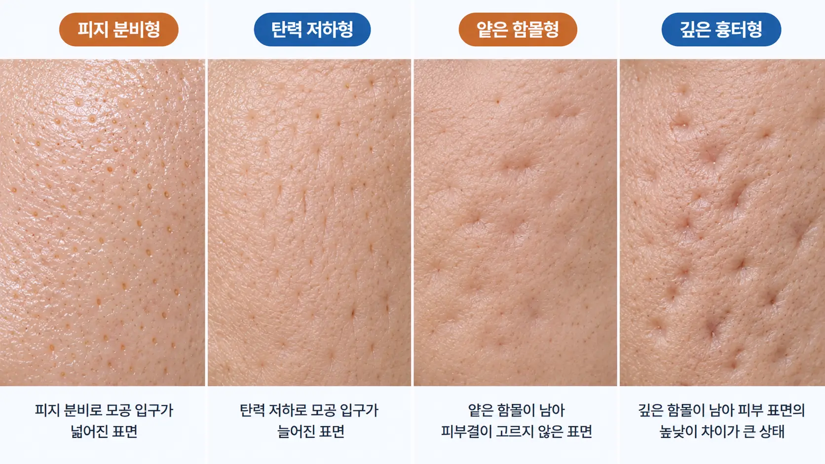 피지 과다형, 탄력 저하형, 염증 후 함몰형 모공의 표면 차이를 비교한 피부 확대 사진