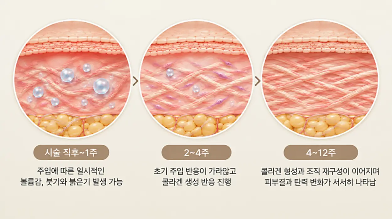 쥬베룩 시술 직후부터 1주, 2~4주, 4~12주까지 콜라겐 생성과 피부결·탄력 변화를 단계별로 나타낸 피부 단면도