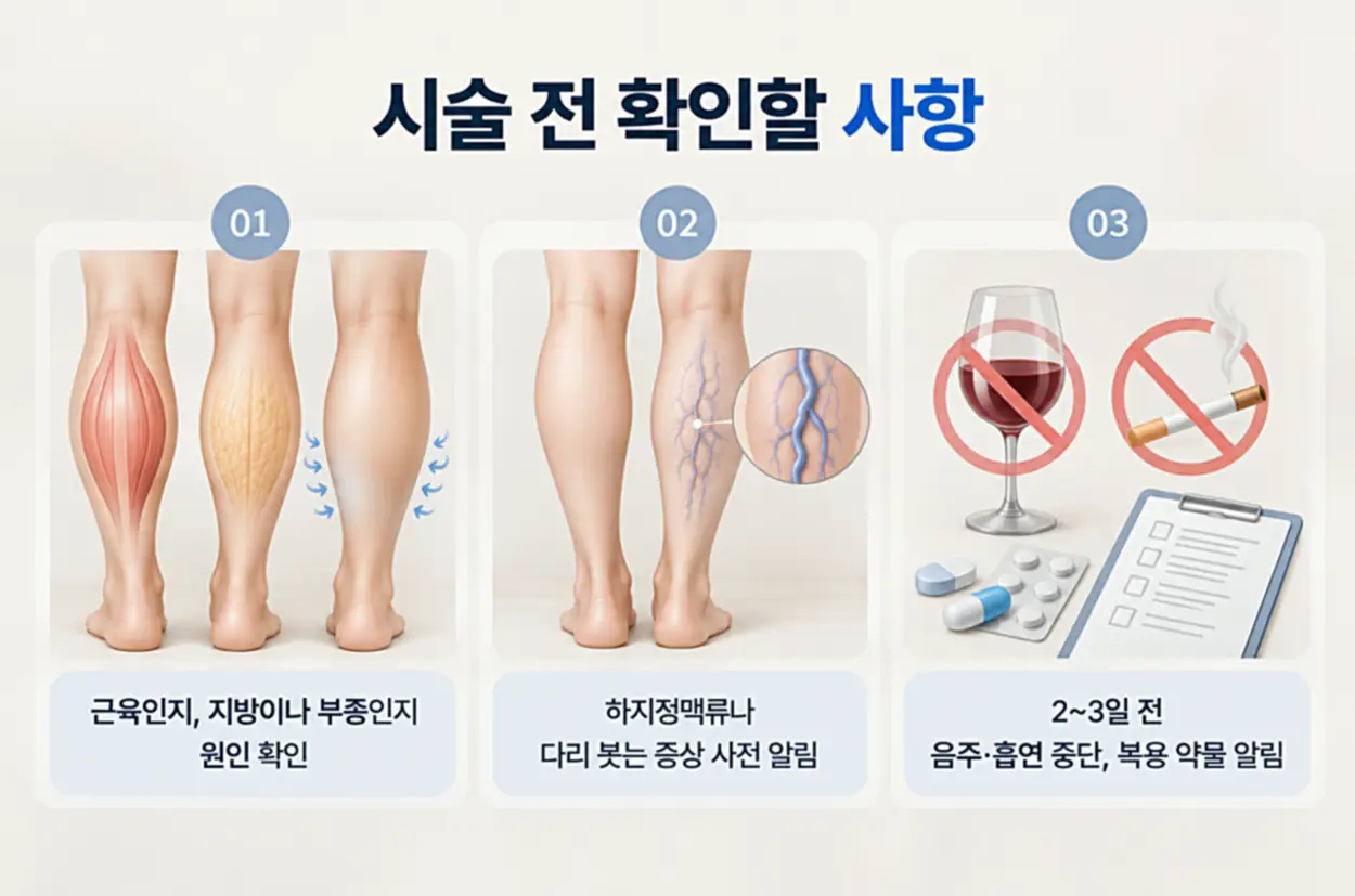 종아리 보톡스 시술 전 확인해야 할 근육형·지방형·부종형 구분, 하지정맥류 및 다리 부종 증상 확인, 시술 전 음주·흡연 자제와 복용 약물 고지 사항을 3단계로 정리한 인포그래픽
