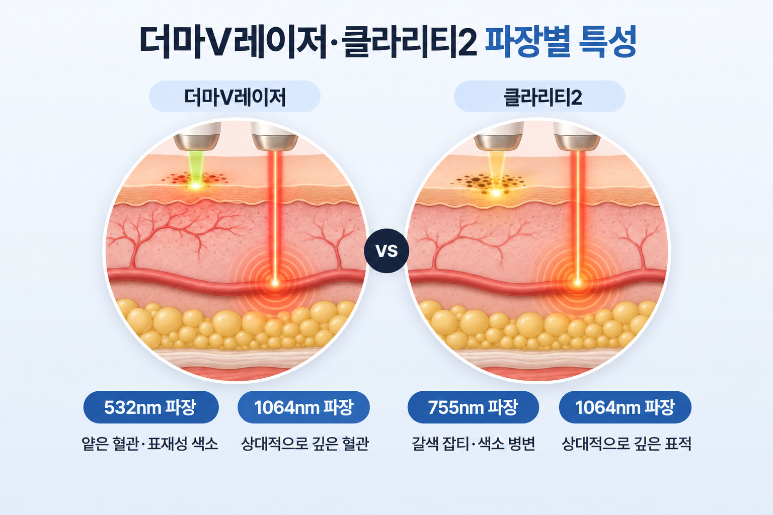 더마V레이저와 클라리티2의 532nm 755nm 1064nm 파장별 특성을 비교한 단면도
