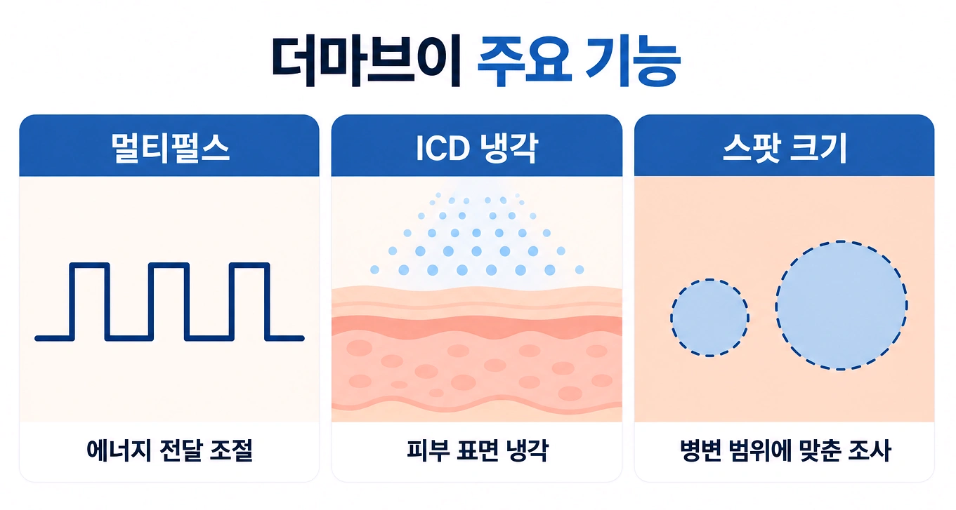 더마브이 혈관레이저의 멀티펄스, ICD 냉각, 스팟 크기 조절 기능
