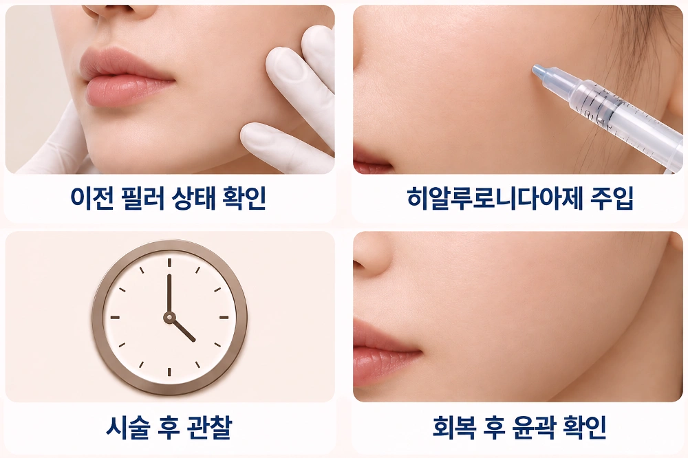 필러 녹이기 전 기존 필러 상태 확인부터 히알루로니다아제 주입, 시술 후 관찰, 회복 후 윤곽 확인까지 4단계 과정을 나타낸 인포그래픽
