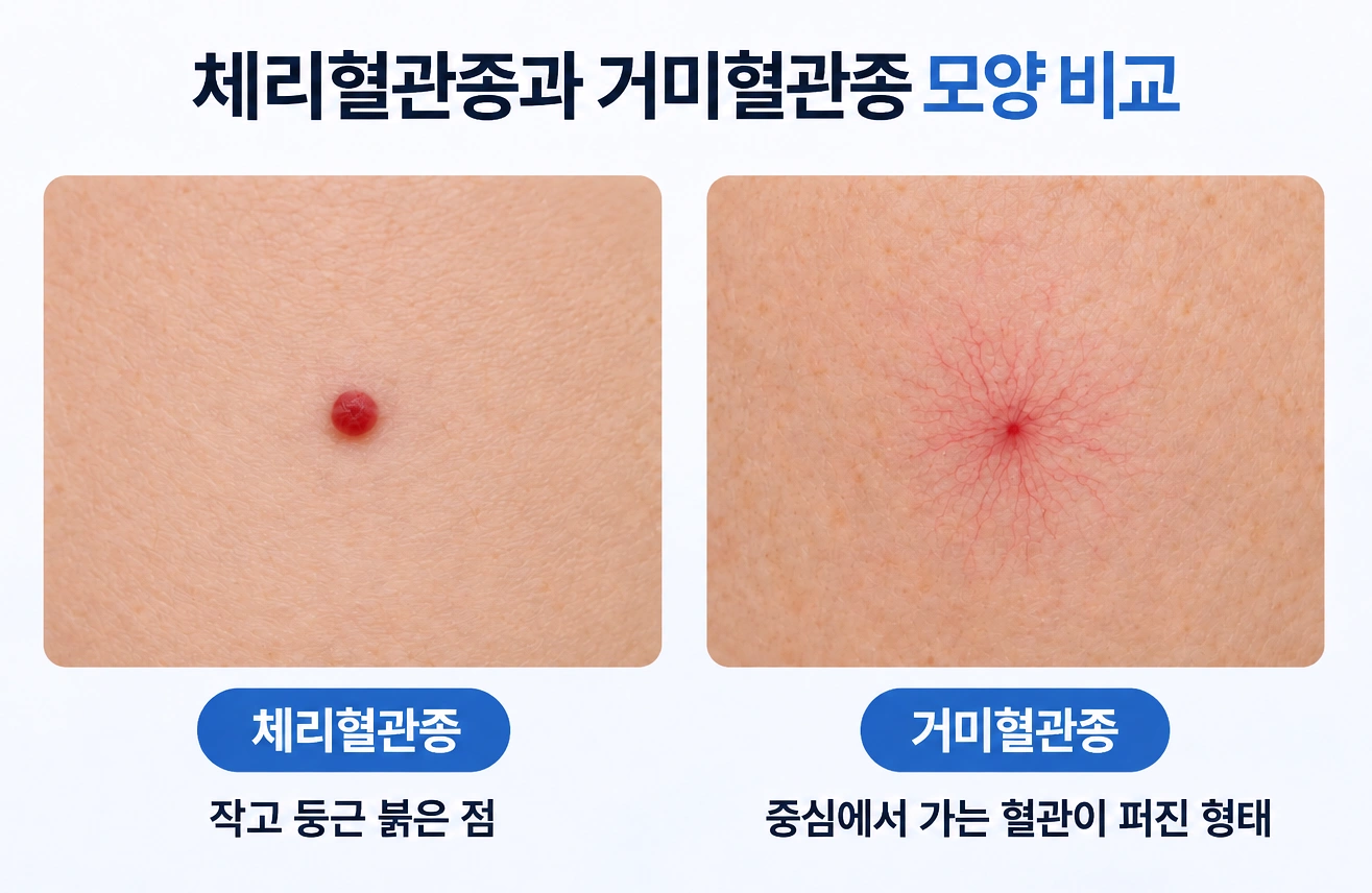 체리혈관종의 둥글게 돌출된 붉은 병변과 거미혈관종의 중심에서 가는 혈관이 퍼지는 형태 비교
