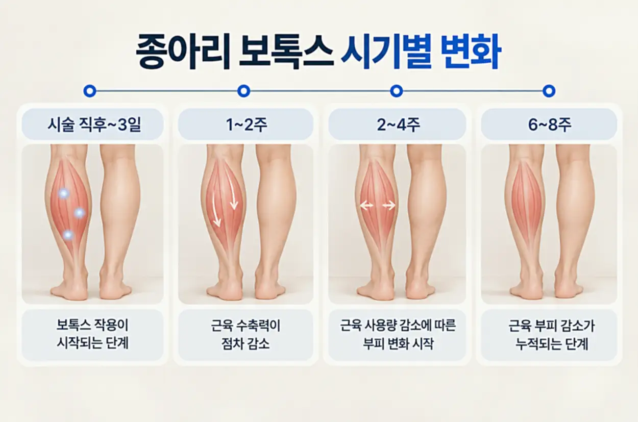 종아리 보톡스 시기별 변화 타임라인으로, 시술 직후부터 3일, 1~2주, 2~4주, 6~8주까지 비복근의 수축력 감소와 근육 부피 변화에 따른 종아리 윤곽 개선 과정을 단계별로 나타낸 일러스트