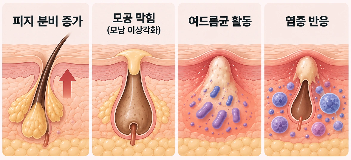 피지 분비 증가부터 모공 막힘, 여드름균 증식, 염증 반응까지 4단계 발생 과정을 나타낸 피부 단면도