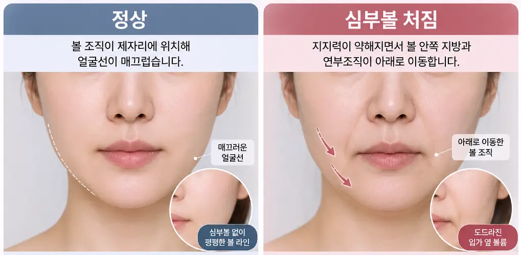 정상적인 볼 라인과 심부볼 처짐으로 아래쪽 볼륨이 이동한 얼굴 비교