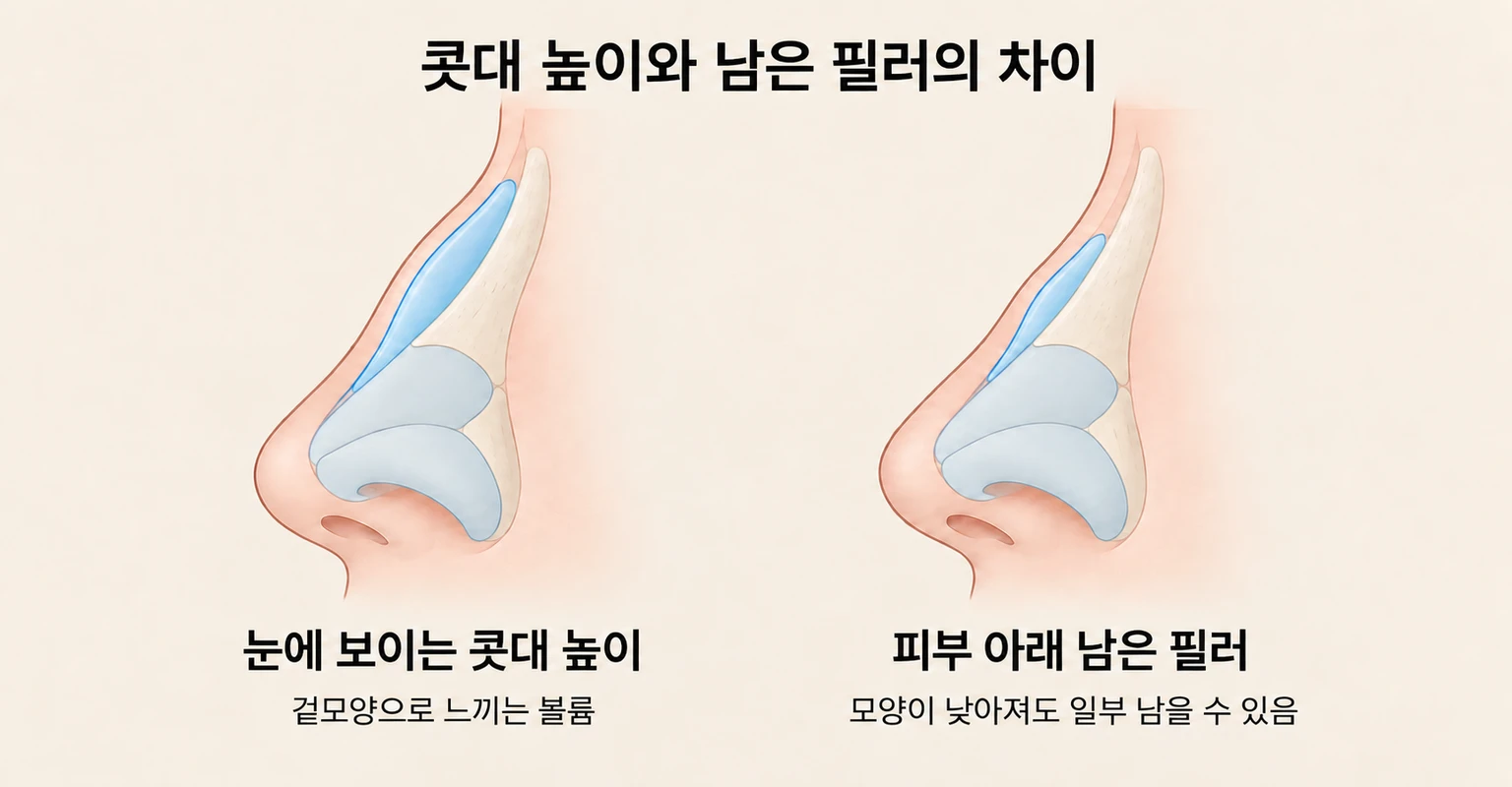 눈에 보이는 콧대 높이와 피부 아래 남아 있는 필러의 차이 비교