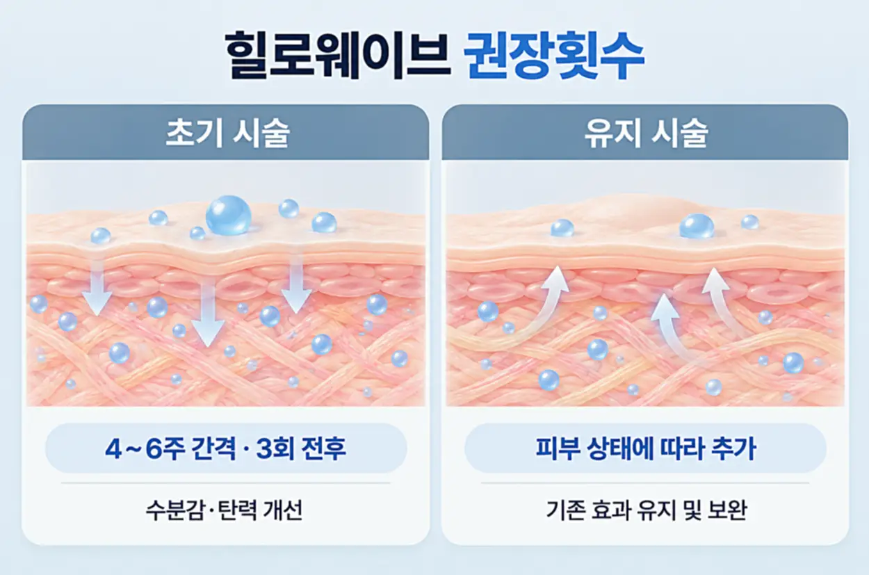 힐로웨이브 초기 시술과 유지 시술의 권장 주기 및 피부 수분감·탄력 관리 비교 인포그래픽
