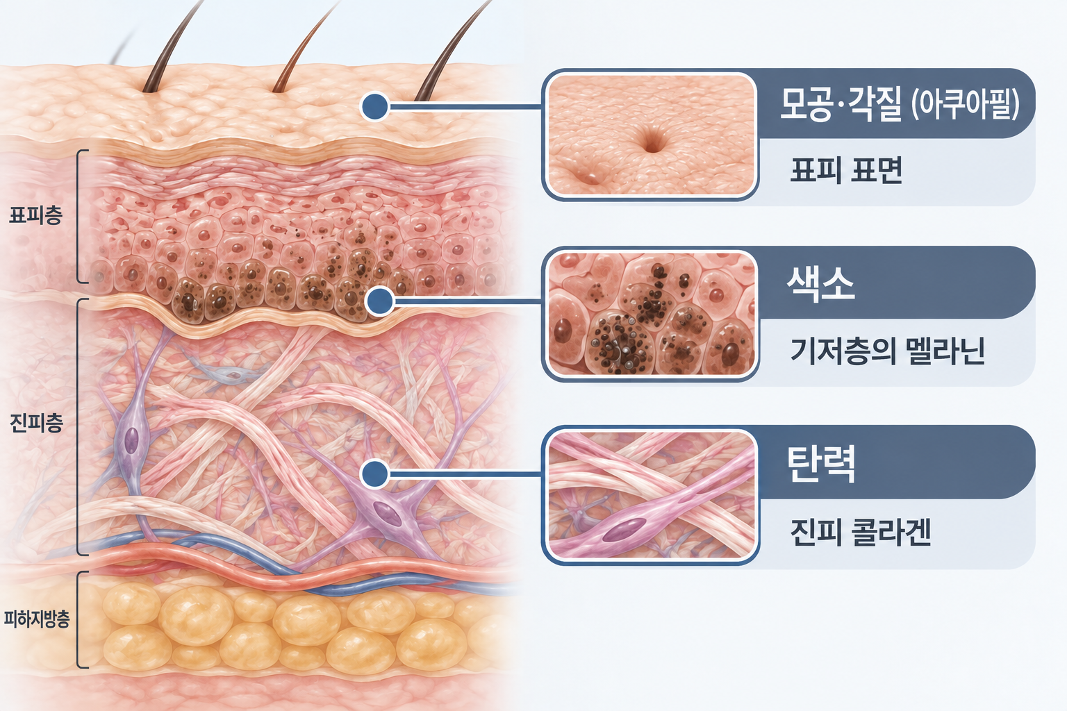 피부 깊이에 따른 시술·문제 영역 비교 - 모공 각질 색소 탄력