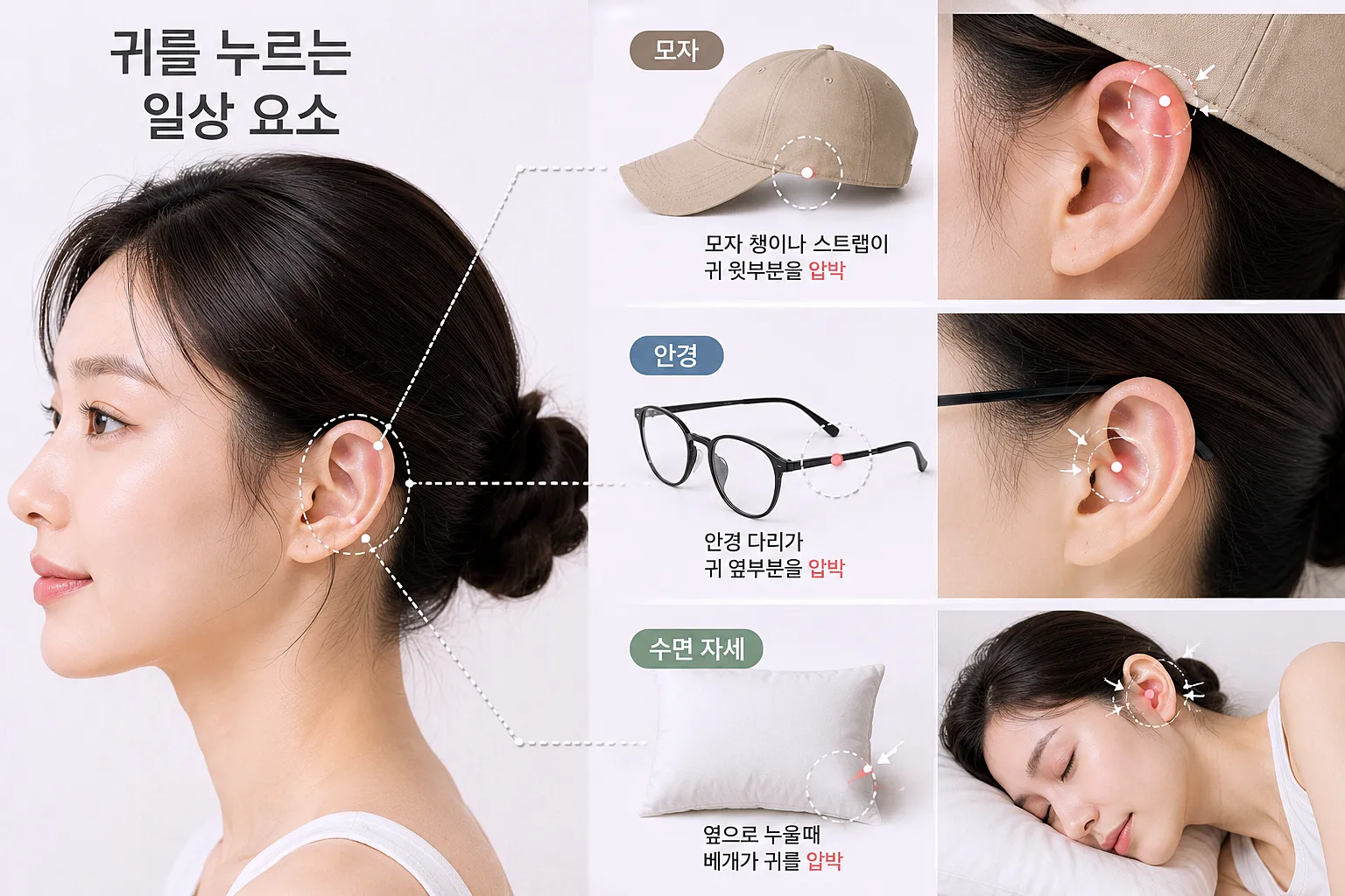 귀 필러 후 압박 주의 - 모자 안경 수면 자세가 닿는 지점