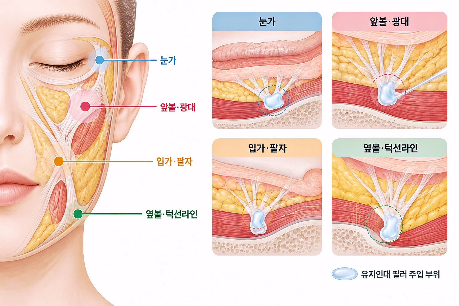 유지인대 필러를 고려하는 눈가·눈밑, 앞볼·광대 주변, 팔자 주변, 턱선·옆볼 부위
