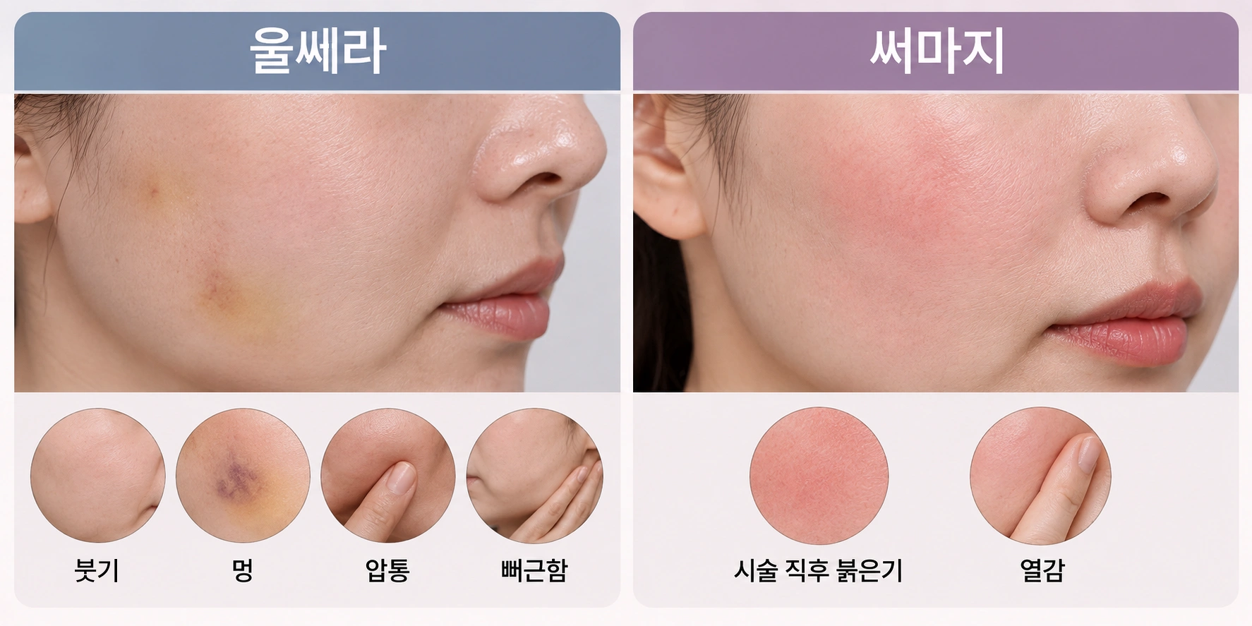 울쎄라 시술 후 붓기·멍·압통·뻐근함과 써마지 시술 후 붉은기·열감 등 피부 반응 차이를 비교한 이미지